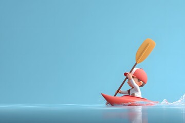 Young Child Kayaking in Calm Water Under Clear Blue Sky