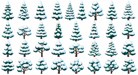 Winter Wonderland Forest Elements Collection of Snowy Trees and Frosted Evergreen Illustrations for Seasonal Designs