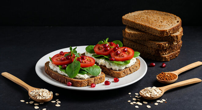 Open-Faced Sandwiches with Ricotta, Tomato, Spinach, and Pomegranate Seeds natural freepik