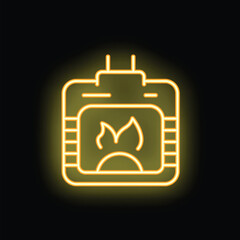 Yellow glowing neon icon of a modern fireplace burning on a black background