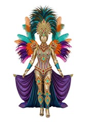 Obraz premium A golden mannequin models an ornate feathered costume with jewels sequins and a long sparkling cape on a white background