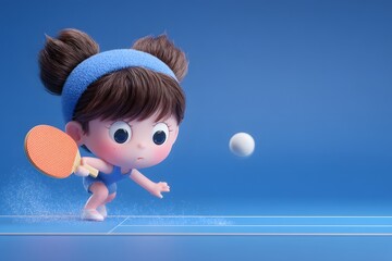 Young Girl Playing Table Tennis in a Blue Background Scene