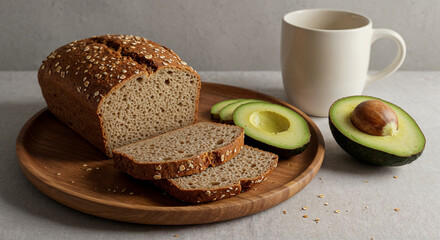 Whole Grain Bread Loaf with Slices, Avocado, and Coffee Mug natural freepik