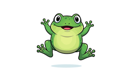 Funny green frog cartoon sitting and smiling on white background
