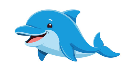 A cute blue cartoon shark swims in the ocean with dolphins, a vector illustration of marine animal wildlife under water