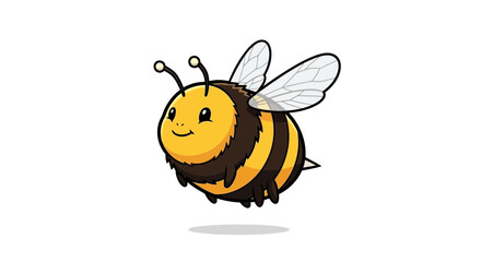A cute cartoon bee flying happily near a yellow flower, making some sweet honey