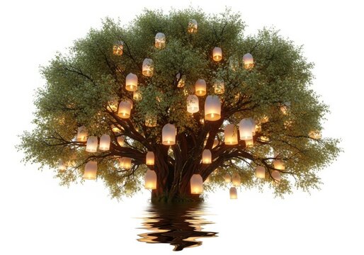 Magical tree adorned with glowing lanterns reflecting on water