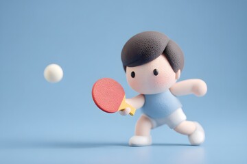 Cute Cartoon Character Playing Table Tennis Against a Blue Background