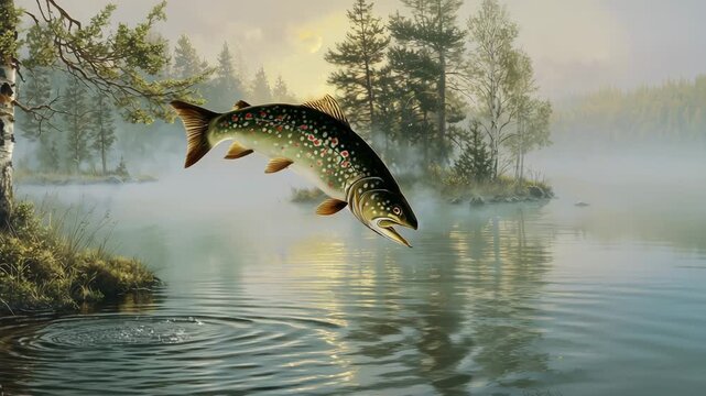 朝もやの湖でマスが虫を追う