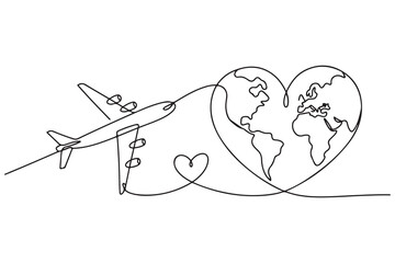Continuous one line drawing of airplane flying around heart shaped world map illustration
