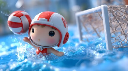 Cute Water Polo Character Playing in a Pool with Splashing Water