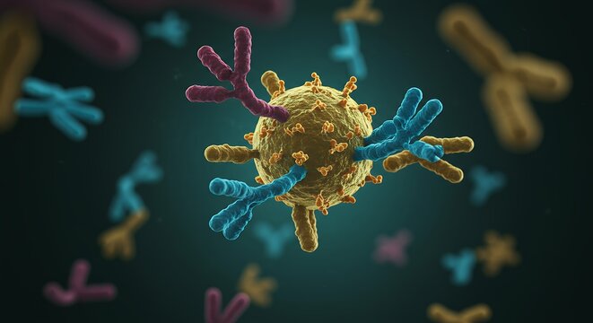 Immune Cell with Antibodies Attacking Pathogen.