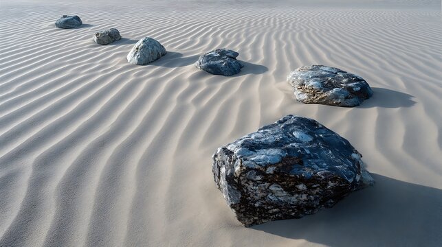 Sand dunes shaped by gentle winds beside unmovable rocks, symbolizing strength through softness, minimalist nature art, 