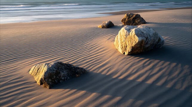 Sand dunes shaped by gentle winds beside unmovable rocks, symbolizing strength through softness, minimalist nature art, 
