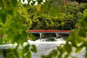 Scenic Red Bridge Over the Uji River in Uji, Japan