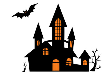 Spooky Halloween Haunted Castle Silhouette with Bat - Vector Art