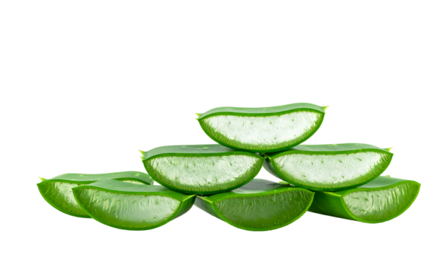 Aloe vera slices stacked in a pyramid and scattered around the base, green and white, on clean white background