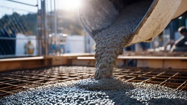 158Close-up detail of pouring cement, thick mixture sliding from drum into formwork, sunlight catching wet glossy surface
