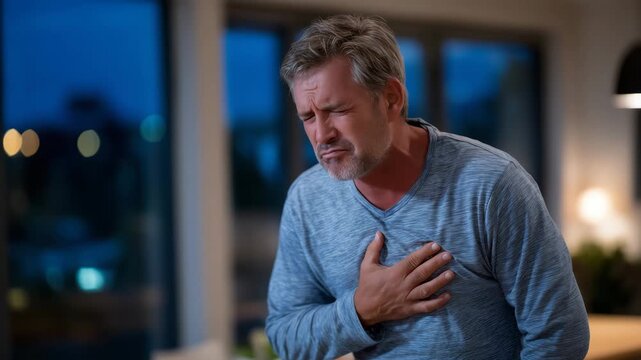 162Middle-aged man in casual shirt clutching his chest with both hands, face twisted in pain, indoor close-up dramatic lighting