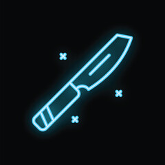 Blue neon sign of a knife shining in the dark