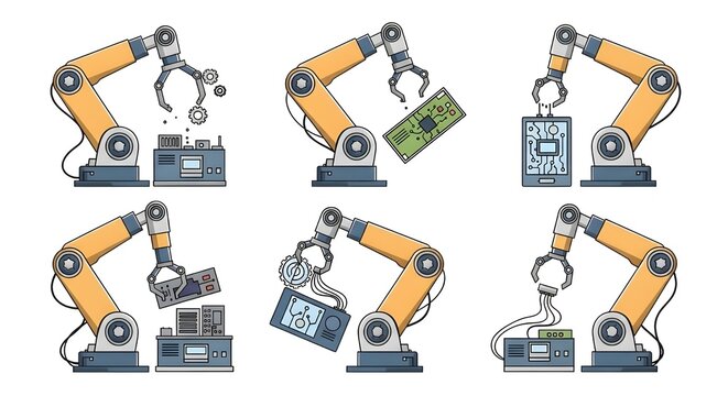 Robotic Arm Automation Icons Illustrating Industrial Robotics and Factory Production Concept