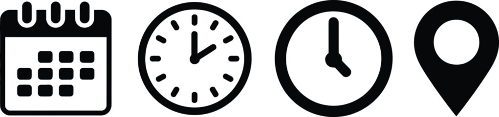 Black Vector Icons: Date, Time, Calendar, Clock, and Location Pin Symbols Set.