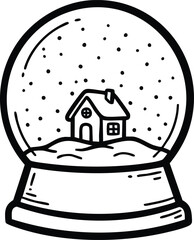 Hand drawn snow globe with a tiny house inside.