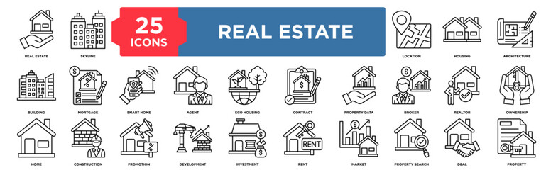 Obraz premium 25 Line icons illustrating Real Estate property,agent, eco housing, contract,home, construction, rent, location