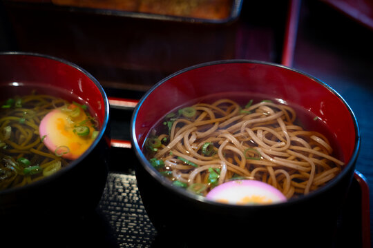 Traditional Japanese Soba Noodles in Hot Broth