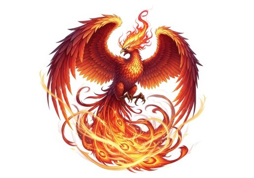 Majestic fiery phoenix rises from flames symbolizing rebirth and immortality