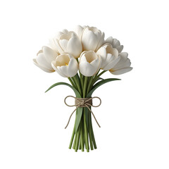 Bouquet of White Tulips Tied with String Isolated on White or Transparent Background