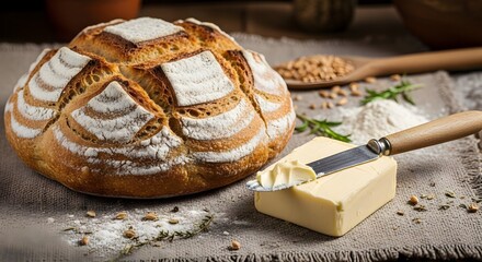 Homemade bread with butter on a fresh loaf slice for breakfast