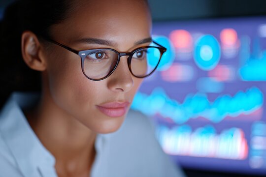 Businesswoman analyzing cyber insurance data on computer screen