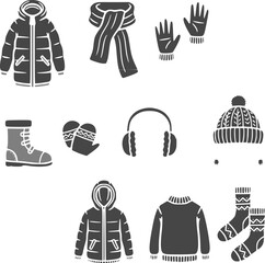 Flat black winter & Christmas vector icons, designed in minimalist silhouette style. This festive holiday bundle features classic Christmas symbols including a tree, Santa hat, candy cane, and others