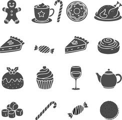 Flat black winter & Christmas vector icons, designed in minimalist silhouette style. This festive holiday bundle features classic Christmas symbols including a tree, Santa hat, candy cane, and others