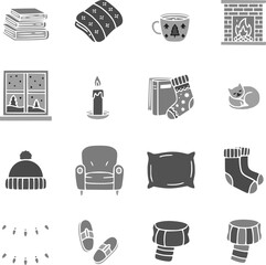 Flat black winter & Christmas vector icons, designed in minimalist silhouette style. This festive holiday bundle features classic Christmas symbols including a tree, Santa hat, candy cane, and others
