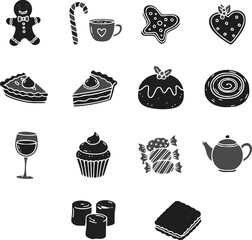 Flat black winter & Christmas vector icons, designed in minimalist silhouette style. This festive holiday bundle features classic Christmas symbols including a tree, Santa hat, candy cane, and others