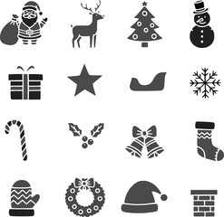 Flat black winter & Christmas vector icons, designed in minimalist silhouette style. This festive holiday bundle features classic Christmas symbols including a tree, Santa hat, candy cane, and others