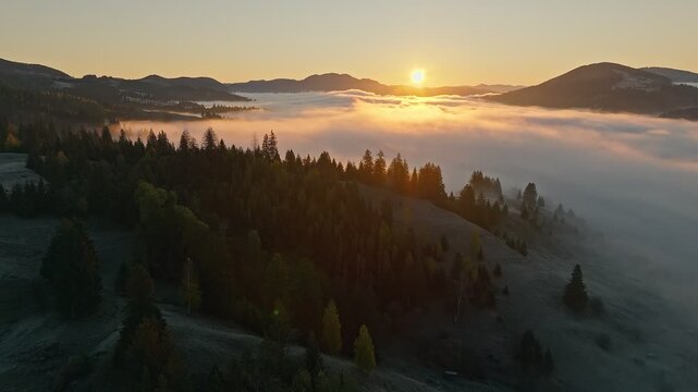 A Stunning Sunrise Emerges Over Misty Hills and Lush Forests