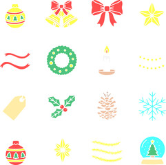 Flat color winter and Christmas vector icons, designed in a clean minimalist style. This festive icon bundle includes classic holiday elements such as Christmas tree, Santa hat, candy cane, and others