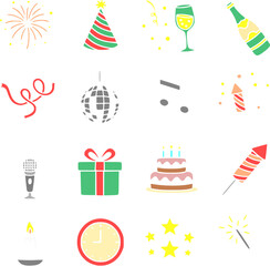 Flat color winter and Christmas vector icons, designed in a clean minimalist style. This festive icon bundle includes classic holiday elements such as Christmas tree, Santa hat, candy cane, and others