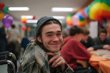Joyful young man smiling brightly amidst colorful balloons and festive atmosphere radiating warmth and camaraderie expressing genuine happiness captured with clarity