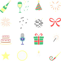 Flat color winter and Christmas vector icons, designed in a clean minimalist style. This festive icon bundle includes classic holiday elements such as Christmas tree, Santa hat, candy cane, and others