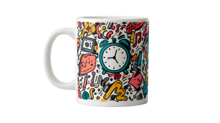 african american santa claus holding a white envelope, with a surprised expression, on a transparent background - a coffee mug with doodle art featuring a clock and musical elements