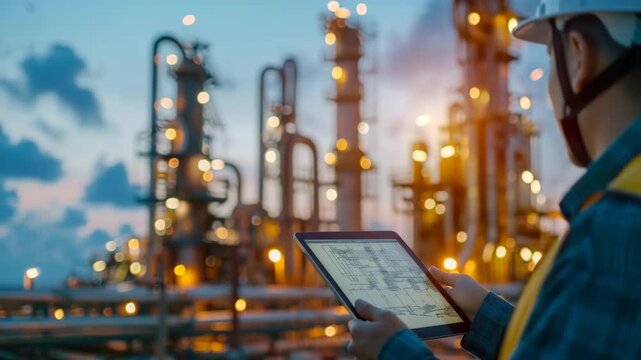 Engineer reviews data on tablet at dusk in an industrial plant with illuminated gas towers