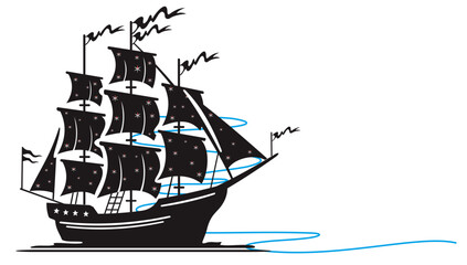 Silhouette of a boat with sails and a sailing flag Vector silhouette of a sailboat with sea scribbles.