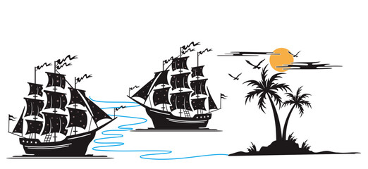 Silhouette of two sailboats and a sailing flag Vector silhouette sailboat with beach view and sea scribbles.