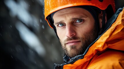 Confident man in orange helmet and jacket, adventurer and extreme sport concept. Alpine climber portrait in winter weather conditions.