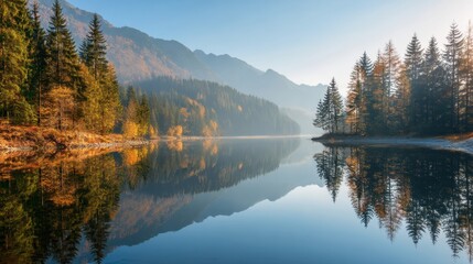 Fototapeta premium Clear lake reflecting mountains and autumn forest on misty morning. Scenic outdoor nature landscape. Peaceful wilderness for travel.