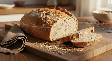 A freshly baked loaf of bread with a slice of butter is a tasty breakfast meal